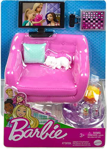 Barbie Indoor Furniture Playset, Living Room Includes Kitten, Furniture and Accessories for Movie and Game Night