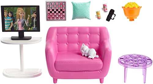 Barbie Indoor Furniture Playset, Living Room Includes Kitten, Furniture and Accessories for Movie and Game Night