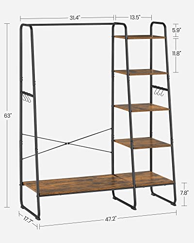 VASAGLE Clothes Rack, Clothing Rack with Shoe Shelf, 5-Tier Storage Rack, 6 Side Hooks, for Bedroom, Living Room, Rustic Brown and Black URGR116B01