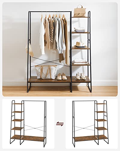 VASAGLE Clothes Rack, Clothing Rack with Shoe Shelf, 5-Tier Storage Rack, 6 Side Hooks, for Bedroom, Living Room, Rustic Brown and Black URGR116B01