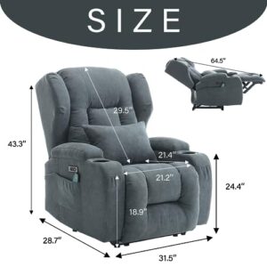 Houjud Power Recliner Chairs with Massage & Heat, Wingback Faux Leather Home Theater Seating with LED Lights, Theater Seating Recliner with Cup Holders, Lumbar Pillow, USB Port, Side Pocket(Bluegray)