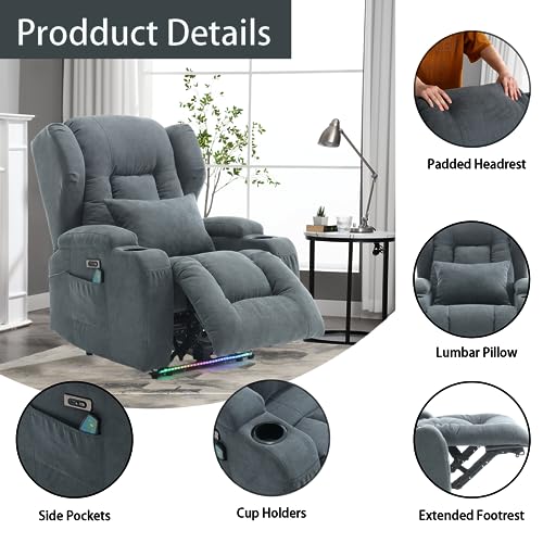 Houjud Power Recliner Chairs with Massage & Heat, Wingback Faux Leather Home Theater Seating with LED Lights, Theater Seating Recliner with Cup Holders, Lumbar Pillow, USB Port, Side Pocket(Bluegray)