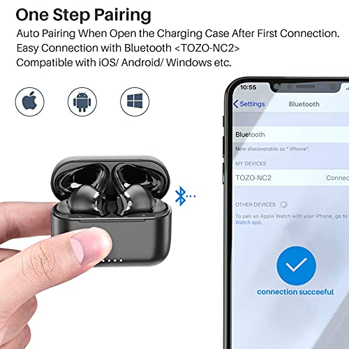 TOZO NC2 Hybrid Active Noise Cancelling Wireless Earbuds, in-Ear Detection Headphones, IPX6 Waterproof Bluetooth 5.2 Stereo Earphones, Immersive Sound Premium Deep Bass Headset, Black (Renewed)