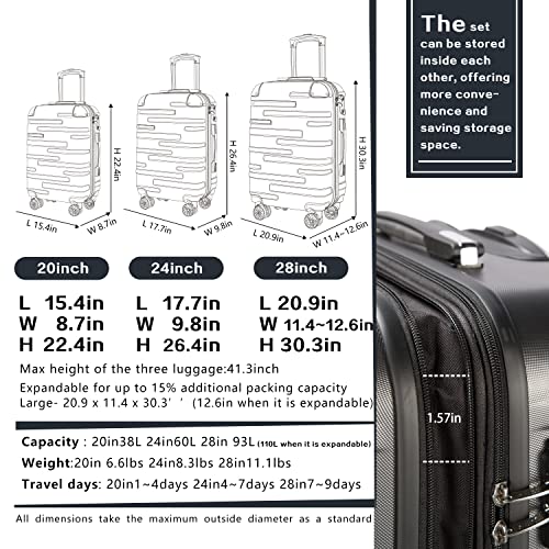 Coolife Luggage Expandable(only 28") Suitcase 3 Piece Set with TSA Lock Spinner 20in24in28in (champagne)