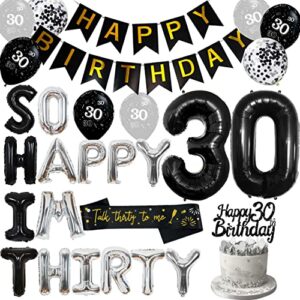 30th birthday decoration black and silver so happy i’m thirty funny 30th birthday balloons for men women talk thirty to me sash number 30 foil balloon glitter cake topper