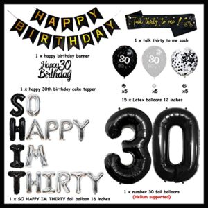 30th Birthday Decoration Black and Silver So Happy I’m Thirty Funny 30th Birthday Balloons for Men Women Talk Thirty to Me Sash Number 30 Foil Balloon Glitter Cake Topper