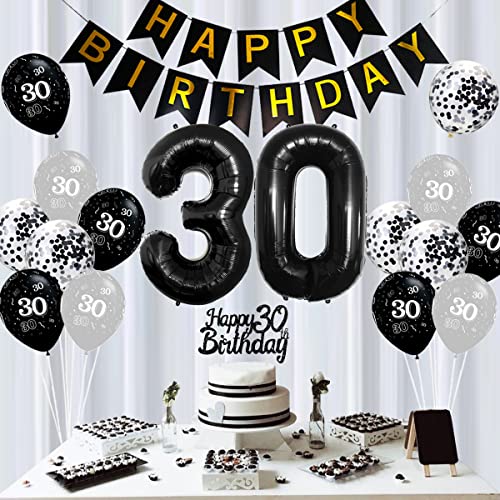 30th Birthday Decoration Black and Silver So Happy I’m Thirty Funny 30th Birthday Balloons for Men Women Talk Thirty to Me Sash Number 30 Foil Balloon Glitter Cake Topper