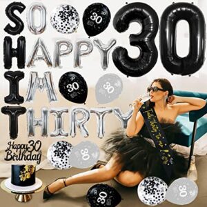 30th Birthday Decoration Black and Silver So Happy I’m Thirty Funny 30th Birthday Balloons for Men Women Talk Thirty to Me Sash Number 30 Foil Balloon Glitter Cake Topper