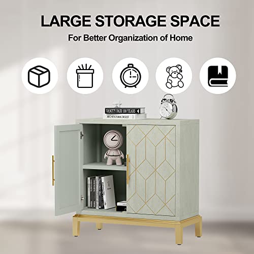 Function Home Accent Cabinet with Doors, Modern Wooden Sideboard Buffet Cabinet, Credenza Storage Cabinet for Living Room, Bedroom, Kitchen,Office and Entryway in Green/Gold
