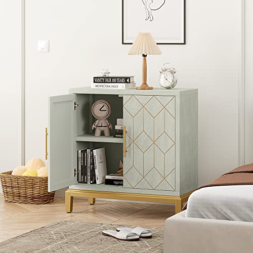Function Home Accent Cabinet with Doors, Modern Wooden Sideboard Buffet Cabinet, Credenza Storage Cabinet for Living Room, Bedroom, Kitchen,Office and Entryway in Green/Gold