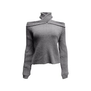 women's cold shoulder halterneck sweater crossed v- neck crop halter knit pullover off shoulder long sleeve knitted top (grey,medium)