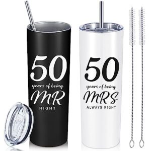 2 pcs 50th wedding anniversary coffee mug 50 years of being mr/mrs always right present set 50th anniversary presents for couple 20 oz mug tumbler with lids for grandparents parents (50th straight)