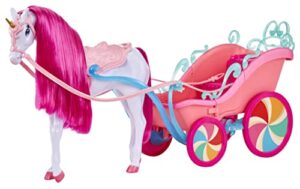 mga entertainment dream ella candy carriage and unicorn, pearlized white unicorn horse with gold glitter horn, bright pink mane, pink bridle, reins, saddle, pink carriage with candy glitter railing