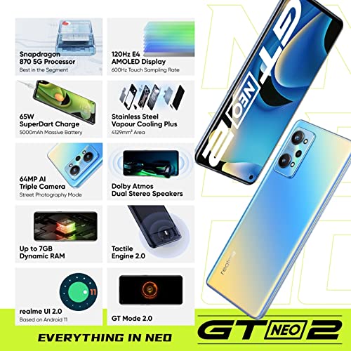 Realme GT Neo 2 5G Dual 256GB 12GB RAM Factory Unlocked (GSM Only | No CDMA - not Compatible with Verizon/Sprint) International Version -Neo Blue