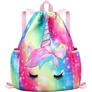 rhcpfovr drawstring backpack for kids - unicorn bags for girls mini gym dance beach swim travel bag with two water bottle holder