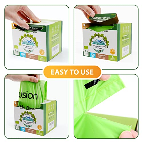 GreFusion Compostable Trash Bags for Kitchen Compost Bin 2.6 Gallon,Extra Thick 0.71 Mil,100 Count,Small Trash Bags,Compost bin bags,Food Scrap Waste Bags for Certified by BPI,ASTM D6400 and OK Compost