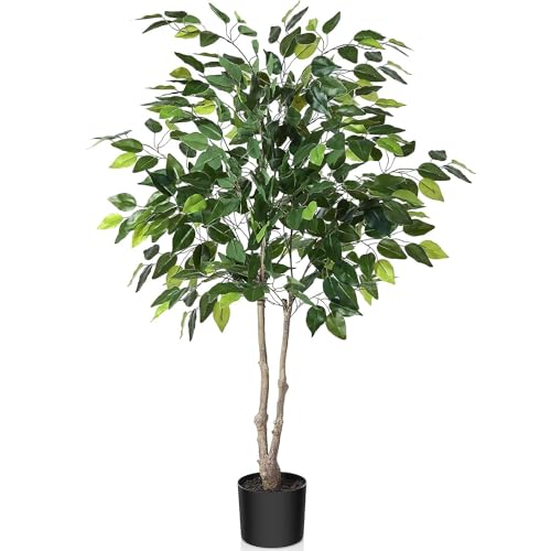 Kazeila Artificial Ficus Tree, 4FT Fake Plastic Ficus Plant in Pot with Durable Plastic Trunk, Faux Plant for Home Decor Office House Living Room Indoor