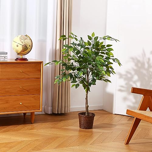 Kazeila Artificial Ficus Tree, 4FT Fake Plastic Ficus Plant in Pot with Durable Plastic Trunk, Faux Plant for Home Decor Office House Living Room Indoor