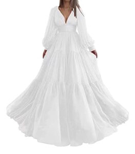 women's puffy tulle formal evening party gowns long sleeve princess dress v neck ruched prom dresses white