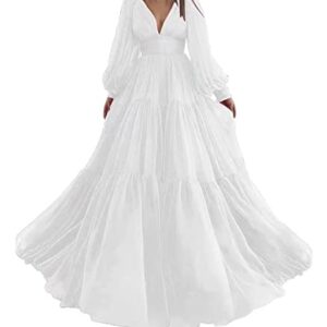 Women's Puffy Tulle Formal Evening Party Gowns Long Sleeve Princess Dress V Neck Ruched Prom Dresses White