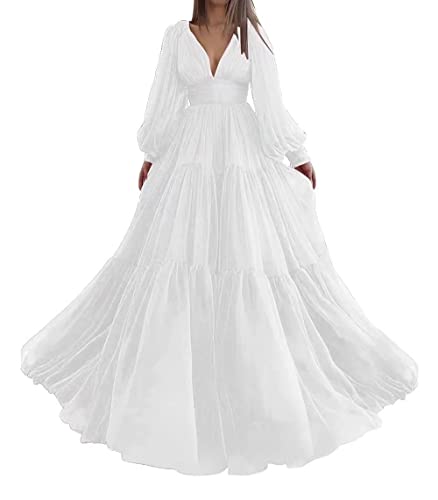 Women's Puffy Tulle Formal Evening Party Gowns Long Sleeve Princess Dress V Neck Ruched Prom Dresses White