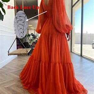 Women's Puffy Tulle Formal Evening Party Gowns Long Sleeve Princess Dress V Neck Ruched Prom Dresses White