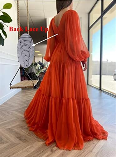 Women's Puffy Tulle Formal Evening Party Gowns Long Sleeve Princess Dress V Neck Ruched Prom Dresses White