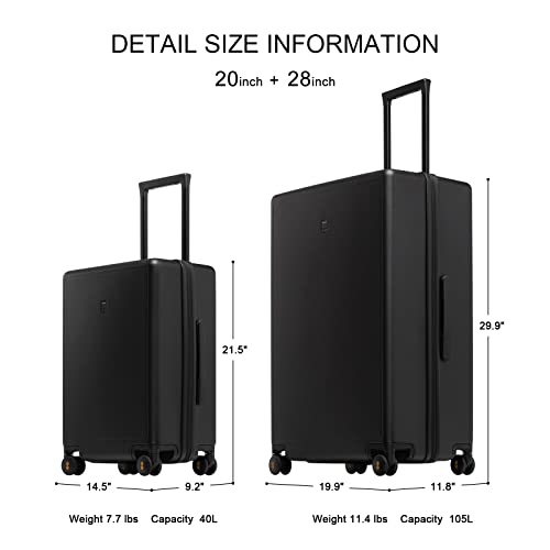 LEVEL8 2 Piece Luggage Sets, 20 inch 28 inch Hardshell Suitcases Sets, Lightweight Luminous Textured PC Hardside Spinner Trolley with TSA Lock, 2-Piece Set (20/28) - Black