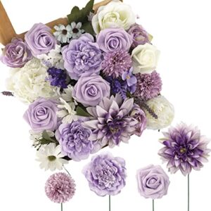 cocoboo artificial purple flowers combo for diy wedding bridal bouquet fake silk flowers heads for centerpieces arrangements (purple&white)