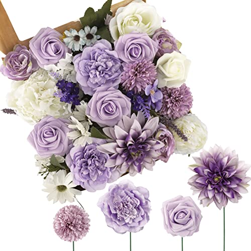 COCOBOO Artificial Purple Flowers Combo for DIY Wedding Bridal Bouquet Fake Silk Flowers Heads for Centerpieces Arrangements (Purple&White)