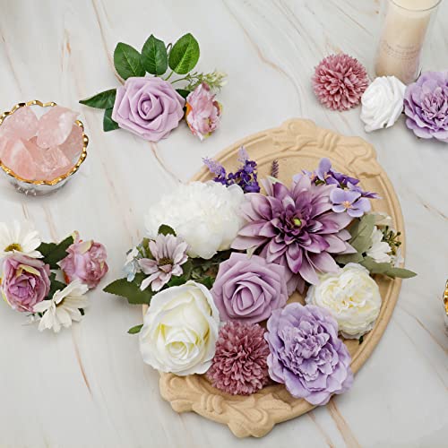 COCOBOO Artificial Purple Flowers Combo for DIY Wedding Bridal Bouquet Fake Silk Flowers Heads for Centerpieces Arrangements (Purple&White)