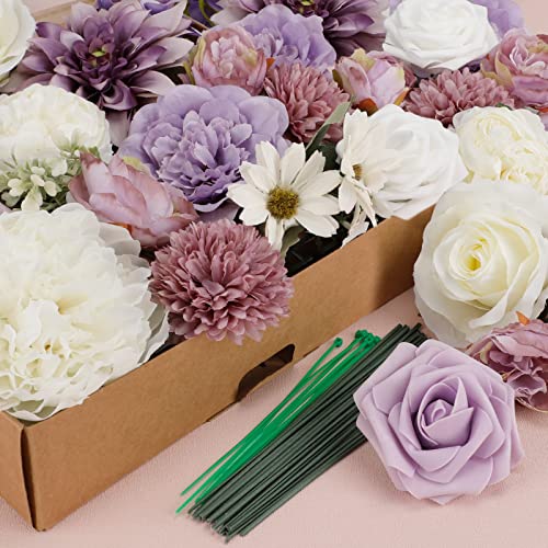 COCOBOO Artificial Purple Flowers Combo for DIY Wedding Bridal Bouquet Fake Silk Flowers Heads for Centerpieces Arrangements (Purple&White)