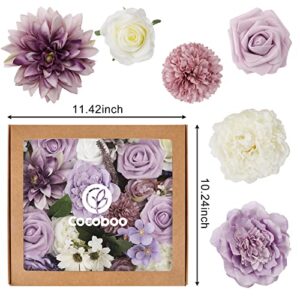 COCOBOO Artificial Purple Flowers Combo for DIY Wedding Bridal Bouquet Fake Silk Flowers Heads for Centerpieces Arrangements (Purple&White)