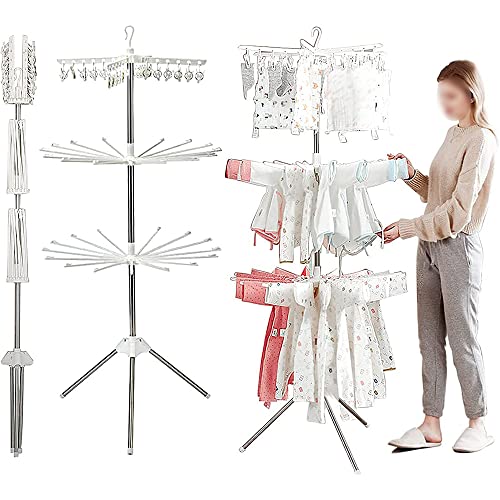 GDAE10 3 Layers White Clothes Rack Stainless Steel Drying Clothes Rack Rotatable and Foldable Clothes Rack Easy to Assemble Clothes Rack Suitable for Family Laundry Closet