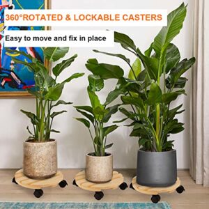 LiveBe 12 Inch Round Plant Caddy Heavy Duty Plant Pot with 4 Rolling Wheels(2 Lockable Caster Wheels), Indoor Outdoor on Roller Patio/Flower Pot/Succulent Pots(2 Pack) (Nature)