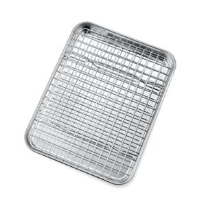 10.4 inch toaster oven pan with rack set, p&p chef stainless steel small baking pan tray and grid cooling rack for cooking/roasting, a pan and a rack, dishwasher safe & easy to clean & non-toxic