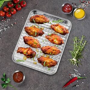 10.4 Inch Toaster Oven Pan with Rack Set, P&P CHEF Stainless Steel Small Baking Pan Tray and Grid Cooling Rack for Cooking/Roasting, A Pan and A Rack, Dishwasher Safe & Easy to Clean & Non-toxic