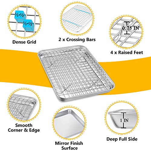 10.4 Inch Toaster Oven Pan with Rack Set, P&P CHEF Stainless Steel Small Baking Pan Tray and Grid Cooling Rack for Cooking/Roasting, A Pan and A Rack, Dishwasher Safe & Easy to Clean & Non-toxic