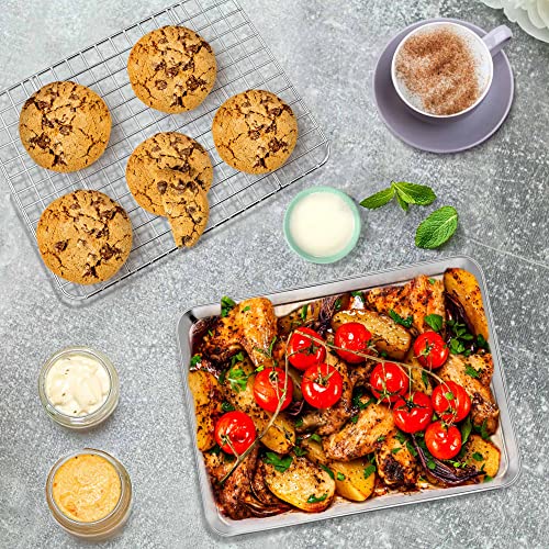 10.4 Inch Toaster Oven Pan with Rack Set, P&P CHEF Stainless Steel Small Baking Pan Tray and Grid Cooling Rack for Cooking/Roasting, A Pan and A Rack, Dishwasher Safe & Easy to Clean & Non-toxic