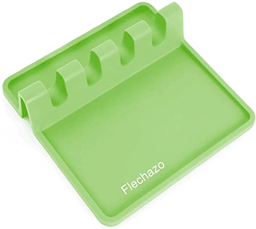 Silicone kitchenware mat-multi-spoon rack for kitchen countertops, cutlery rack with drip pad, suitable for cooking utensils such as barbecue tongs, spoons, etc., essential for party kitchens (green)