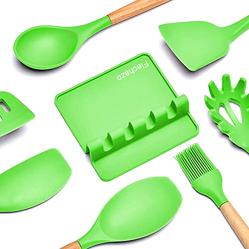 Silicone kitchenware mat-multi-spoon rack for kitchen countertops, cutlery rack with drip pad, suitable for cooking utensils such as barbecue tongs, spoons, etc., essential for party kitchens (green)