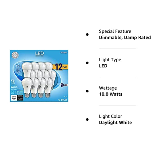 GE Daylight 60 Watt Replacement LED Light Bulbs, General Purpose, Dimmable Light Bulbs (Daylight, 12 Pack) (12)