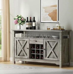 hombck wine bar cabinet, 47" wine cabinet with barn door, wine and glass rack, drawer, adjustable shelves, farmhouse wine cabinet for dining room, living room, washed grey