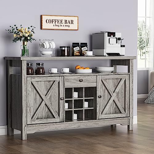 HOMBCK Wine Bar Cabinet, 47" Wine Cabinet with Barn Door, Wine and Glass Rack, Drawer, Adjustable Shelves, Farmhouse Wine Cabinet for Dining Room, Living Room, Washed Grey