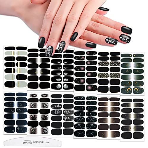 WOKOTO 12 Sheets 168 Pieces Black Nail Polish Stickers Full Nail Wraps for Women Nails Black Gradient Marble Design Gel Nail Strips Stick On Nail Polish Strips Full Nail Stickers Gel Nail Wraps