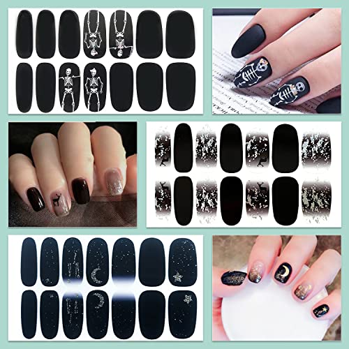 WOKOTO 12 Sheets 168 Pieces Black Nail Polish Stickers Full Nail Wraps for Women Nails Black Gradient Marble Design Gel Nail Strips Stick On Nail Polish Strips Full Nail Stickers Gel Nail Wraps