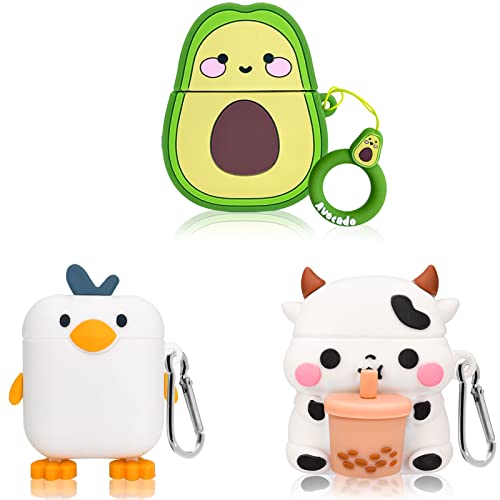 Cute Airpods 1&2 Case Cover, 3 Pack Boba Tea Cow 3D Cartoon Funny Character Kawaii Cute Airpod Case, Soft Silicone Case for Airpods 1/2 with Keychain for Women Girls Kids - Cow+Avocado+Lovely Chick