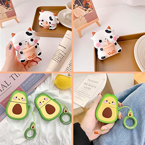 Cute Airpods 1&2 Case Cover, 3 Pack Boba Tea Cow 3D Cartoon Funny Character Kawaii Cute Airpod Case, Soft Silicone Case for Airpods 1/2 with Keychain for Women Girls Kids - Cow+Avocado+Lovely Chick
