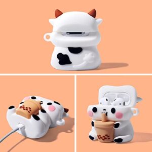 Cute Airpods 1&2 Case Cover, 3 Pack Boba Tea Cow 3D Cartoon Funny Character Kawaii Cute Airpod Case, Soft Silicone Case for Airpods 1/2 with Keychain for Women Girls Kids - Cow+Avocado+Lovely Chick