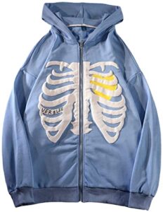 emilyle women oversized zip up hoodie fashion long sleeve graphic skeleton sweatshirt cool outwear(blue-1,l)